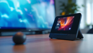 A photograph of capture a photograph of a close-up shot of a one touch uc device showcasing its vibrant led display in action