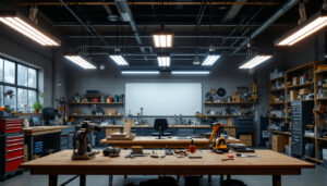 A photograph of capture a photograph of a well-lit workshop or garage space featuring multiple 8-foot led shop lights installed overhead