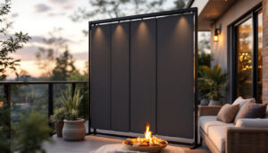 A photograph of a stylish free-standing privacy screen on a deck