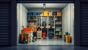 A photograph of a well-organized 10x10 storage unit featuring a clear view of the led display showing pricing information