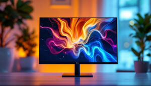 A photograph of a 19-inch lcd screen displaying vibrant led visuals