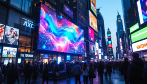 A photograph of a vibrant led display in a bustling urban setting