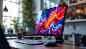 A photograph of a sleek portable monitor displaying vibrant images or graphics in a dynamic workspace setting