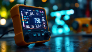 A photograph of a close-up shot of a multifunction meter with a clear