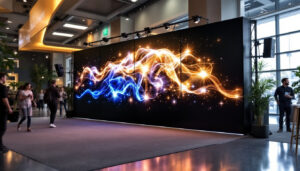 A photograph of a sleek modular temporary wall featuring a vibrant led display in an engaging event setting