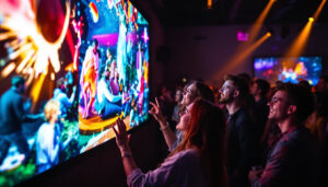 A photograph of a vibrant party scene featuring guests interacting with a large led display showcasing dynamic images and videos