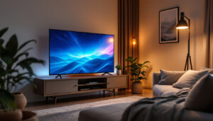 A photograph of a stylishly arranged corner living room featuring a 50-inch led tv on a modern corner stand
