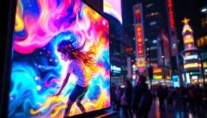 A photograph of a vibrant led display board in an urban setting