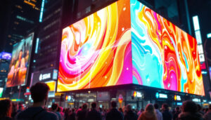 A photograph of a vibrant led display in a bustling urban setting