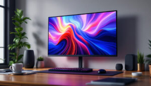 A photograph of capture a photograph of a sleek wall-mounted ultra-wide led monitor in a modern workspace