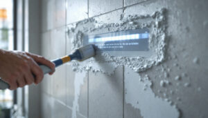 A photograph of a close-up shot of a wall being tiled with thin set mortar