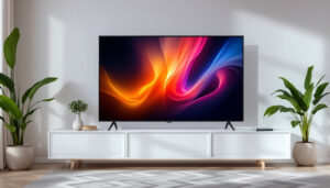 A photograph of capture a photograph of a sleek led lcd tv displaying vibrant colors and sharp images