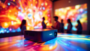 A photograph of a vibrant interactive projector in action