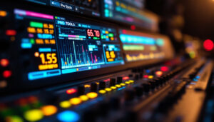 A photograph of a close-up shot of a pro tools led display in action