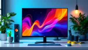 A photograph of a sleek 55-inch led monitor displayed on a modern desk setup