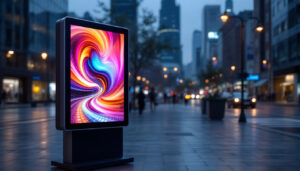 A photograph of a vibrant digital kiosk display showcasing dynamic content
