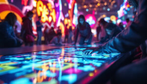 A photograph of capture a photograph of a vibrant led interactive game floor in action