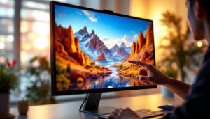 A photograph of a sleek 4k touch screen monitor displaying vibrant