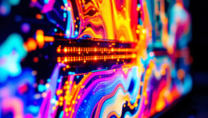 A photograph of a close-up of an lcd monitor displaying vibrant colors and intricate details