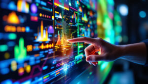A photograph of a close-up of a person interacting with a vibrant led touchscreen display