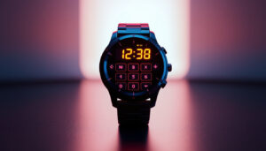 A photograph of a sleek calculator watch with a vibrant led display illuminated by a soft backlight