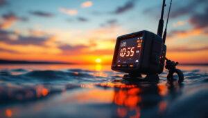 A photograph of a well-equipped fishing setup featuring a planer board with an illuminated led display in action