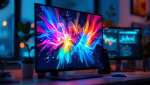 A photograph of a vibrant led monitor displaying colorful graphics or images in a well-lit environment