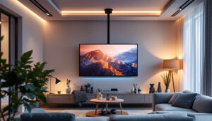 A photograph of a modern living room showcasing a ceiling-mounted tv with an led display