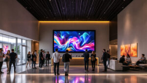 A photograph of a modern hotel lobby featuring a prominently displayed led screen showcasing vibrant visuals