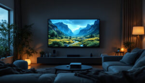 A photograph of a cozy home entertainment setup featuring both a large led tv and a projector screen