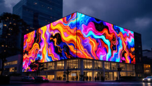 A photograph of capture a photograph of the rei headquarters showcasing the striking led display