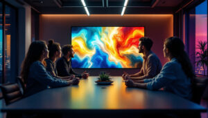 A photograph of capture a photograph of a modern conference room featuring a large led display in use