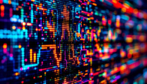 A photograph of a close-up shot of an led display panel showcasing vibrant colors and intricate pixel arrangements