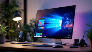 A photograph of a sleek touch monitor displaying vibrant