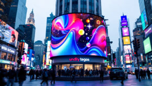 A photograph of a vibrant led display in a bustling urban setting