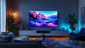 A photograph of a modern living room setup featuring an 85-inch led tv