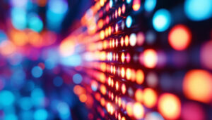 A photograph of a close-up shot of a vibrant led display in action