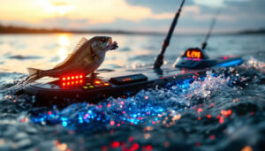 A photograph of a close-up shot of a planer board equipped with an led display in action on the water