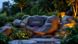 A photograph of a stylish outdoor rock speaker integrated into a natural landscape