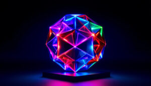 A photograph of a vibrant led display showcasing a dynamic 16-sided shape