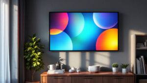 A photograph of a stylishly designed wall sign featuring an led display in a cozy home setting