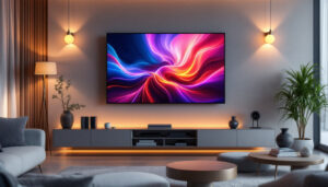 A photograph of a stylish living room featuring a modern tv wall mount displaying a vibrant led screen