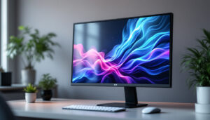 A photograph of a sleek 36-inch led computer monitor displaying vibrant