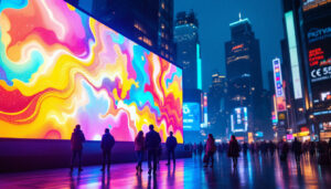 A photograph of a vibrant led display in a bustling urban setting