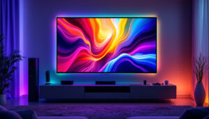 A photograph of a sleek led display in a modern home theater setup