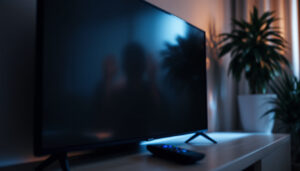 A photograph of a close-up of a darkened led tv screen displaying static or a faint image