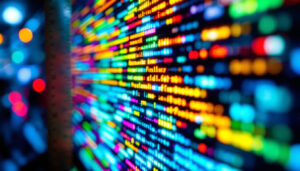 A photograph of a close-up of an led display showcasing vibrant pixelated graphics