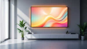 A photograph of a modern wall panel featuring an led display in a stylish interior setting