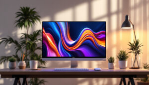 A photograph of a sleek 32-inch all-in-one pc with a vibrant led touch screen display
