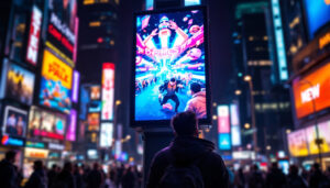 A photograph of a vibrant led display in a bustling urban setting